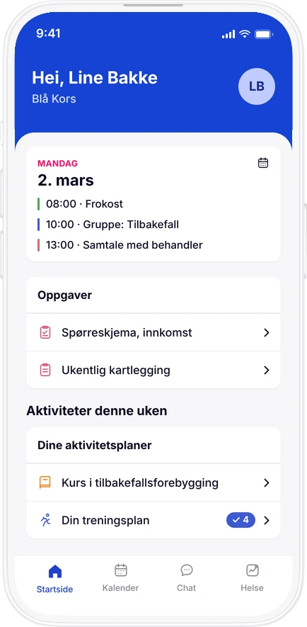 Flowzone-appen: pasientens startside med dagens plan, kartleggingsskjemaer, kurs og treningsplan